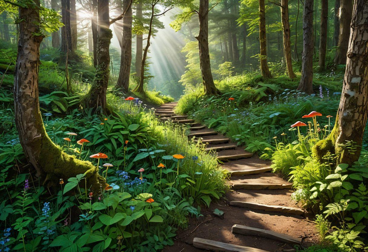 An enchanting, winding path through a lush, green forest, dotted with colorful wildflowers and whimsical mushrooms. Along the path, diverse travelers of various ages are engaging in joyful discovery, with sketchbooks and cameras in hand, capturing moments. Sunbeams filter through the dense canopy, highlighting secrets waiting to be uncovered. In the background, a distant mountain range hints at adventures beyond. vibrant colors. super-realistic. magical realism.
