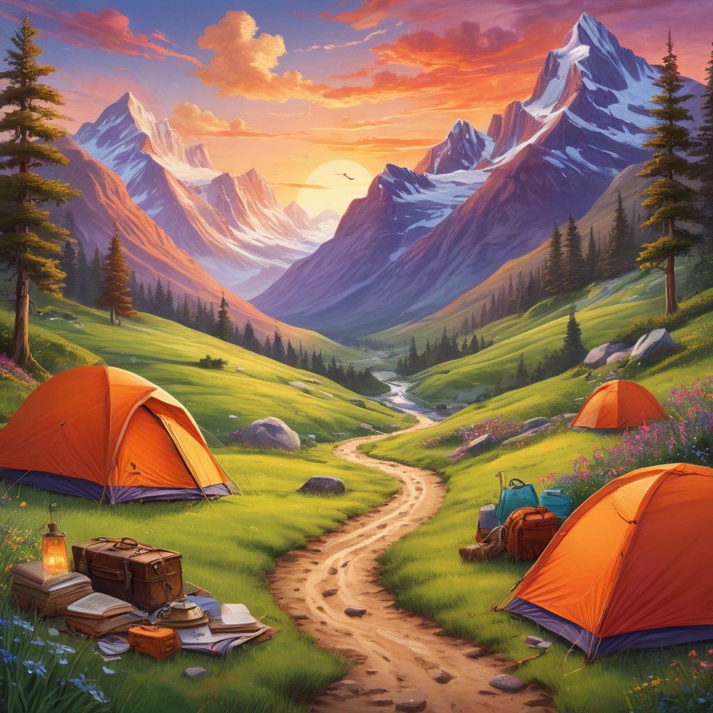A picturesque landscape featuring a winding path leading through lush green hills and towering mountains, dotted with small vibrant tents where explorers share stories around a campfire. Include iconic travel elements like a vintage travel journal, a compass, and a backpack resting nearby. The sky should be a blend of sunset hues, inviting adventure. whimsical illustration. vibrant colors. 3D.